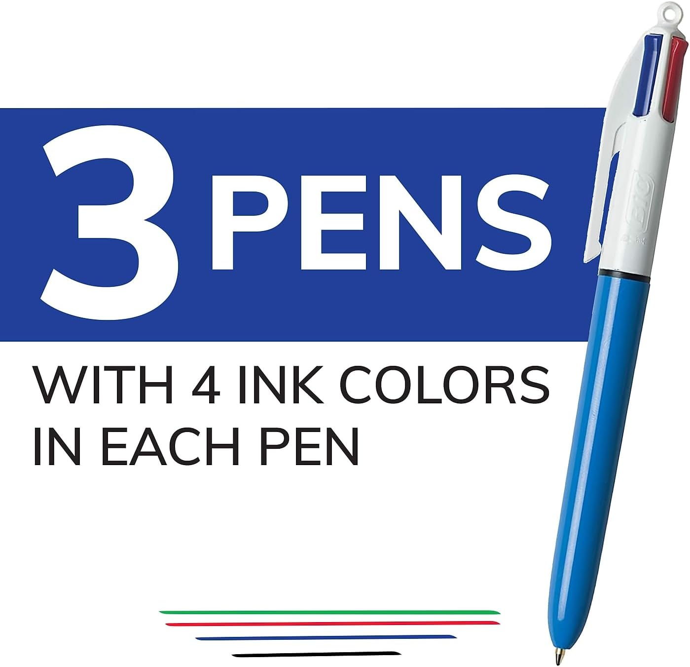 4-Color Retractable BIC Ballpoint Pen, Assorted Ink, 1mm, Medium, 3/Pack