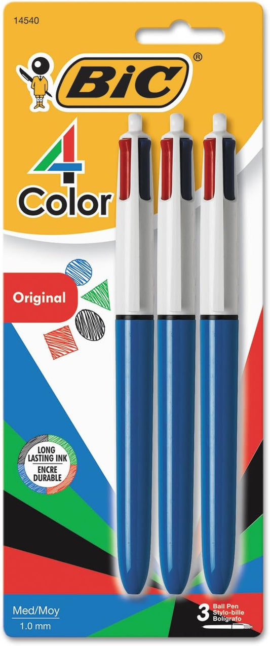 4-Color Retractable BIC Ballpoint Pen, Assorted Ink, 1mm, Medium, 3/Pack