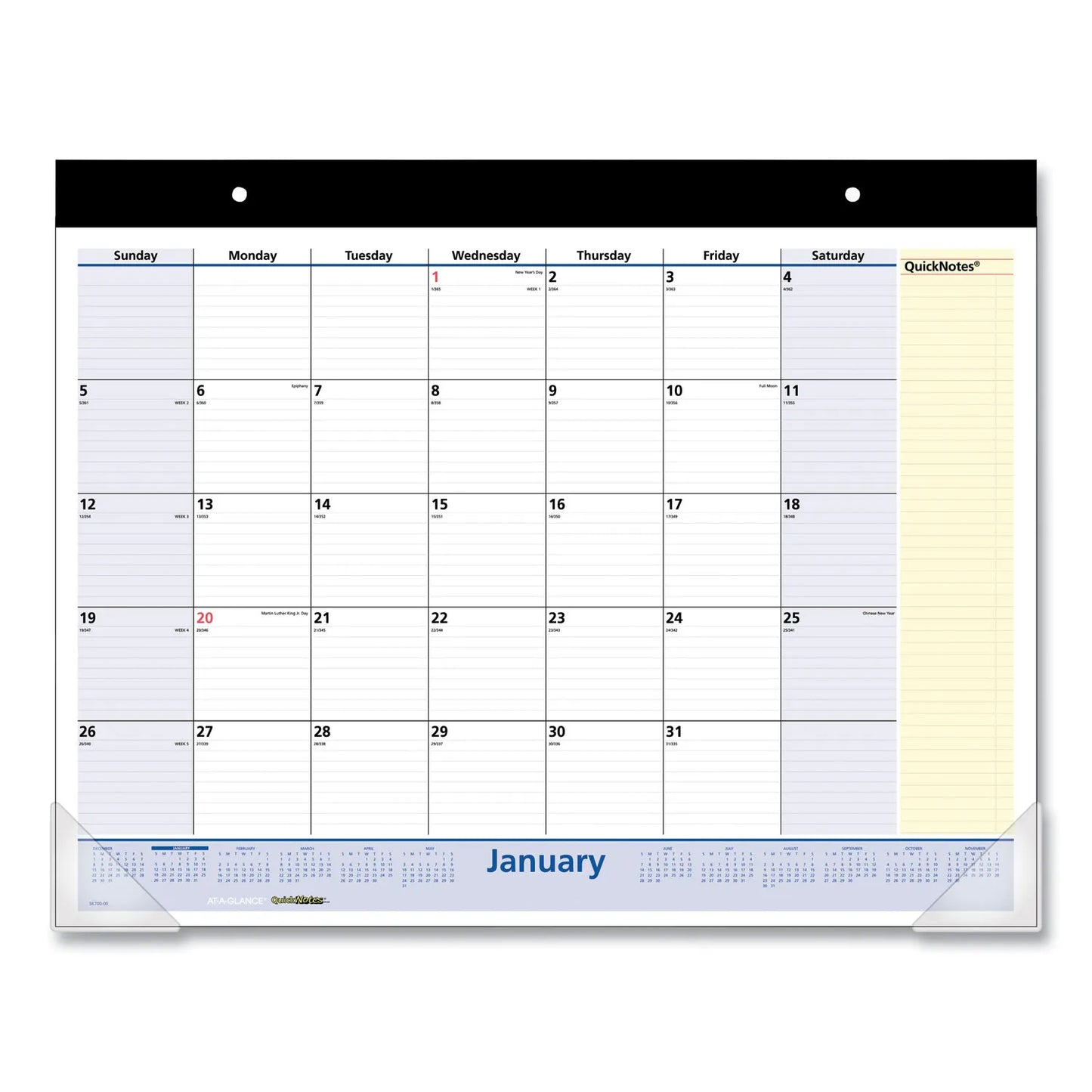 QuickNotes Desk Pad, 22 x 17, White/Blue/Yellow Sheets, Black Binding, Clear Corners, 13-Month (Jan to Jan): 2024 to 2025