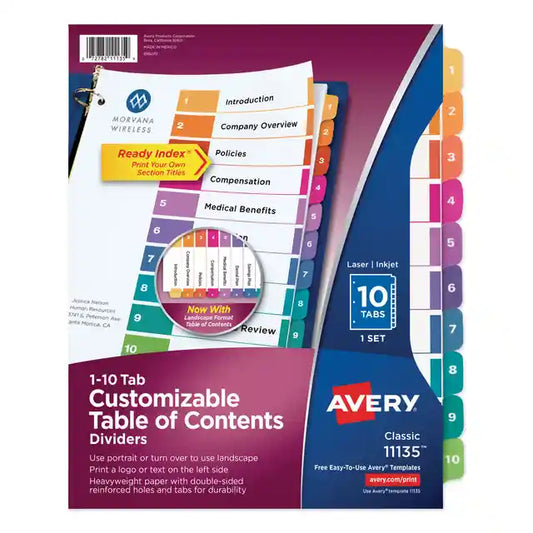 Customizable TOC Ready Index Multicolor Tab Dividers, 10Tab, 1 to 10, 11 x 8.5, White, Traditional Color Tabs, 1 Set