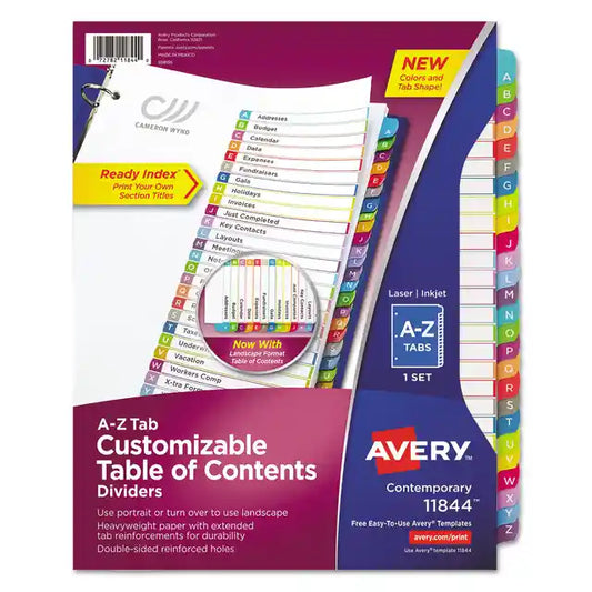 Customizable TOC Ready Index Multicolor Tab Dividers, 26-Tab, A to Z, 11 x 8.5, White, Contemporary Color Tabs, 1 Set