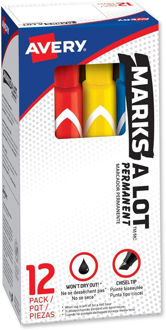 Marks A Lot Large Desk-Style Permanent Marker, Broad Chisel Tip, Assorted Colors, 12/set (24800)