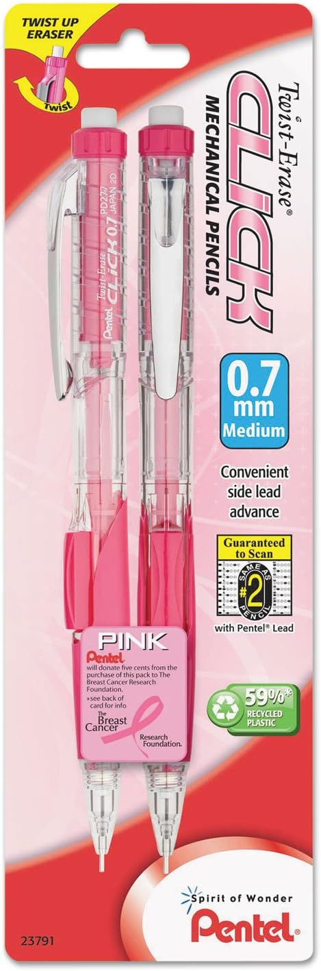 Twist-Erase Click Mechanical Pencil, 0.7 mm, HB (#2), Black Lead, Pink Barrel, 2/Pack