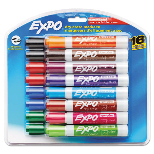 Low-Odor Dry-Erase Marker, Broad Chisel Tip, Assorted Colors, 16/set