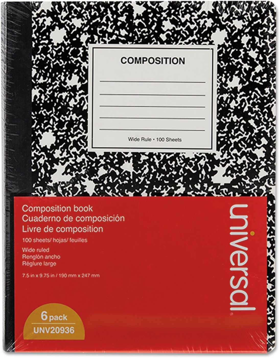 Composition Book, Medium/College Rule, Black Marble Cover, (100) 9.75 x 7.5 Sheets, 6/Pack