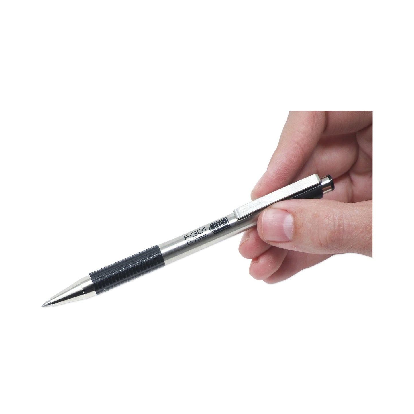 F-301 Ballpoint Pen, Retractable, Bold 1.6 mm, Black Ink, Stainless Steel/Black Barrel, 12/Pack